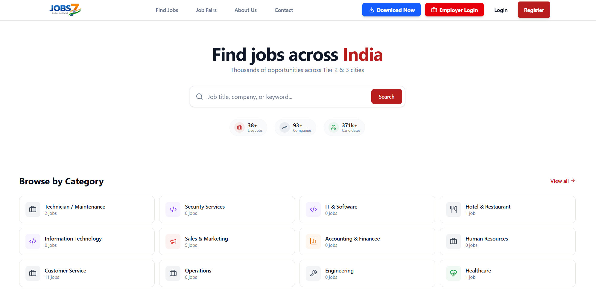 Jobs7 job portal — find jobs across India with category browsing
