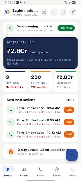Sales Daddy mobile home showing ₹2.8Cr open pipeline and next best actions