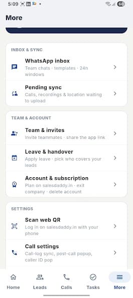Sales Daddy settings with WhatsApp inbox, team and sync options