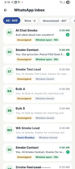 Sales Daddy WhatsApp inbox with live lead conversations
