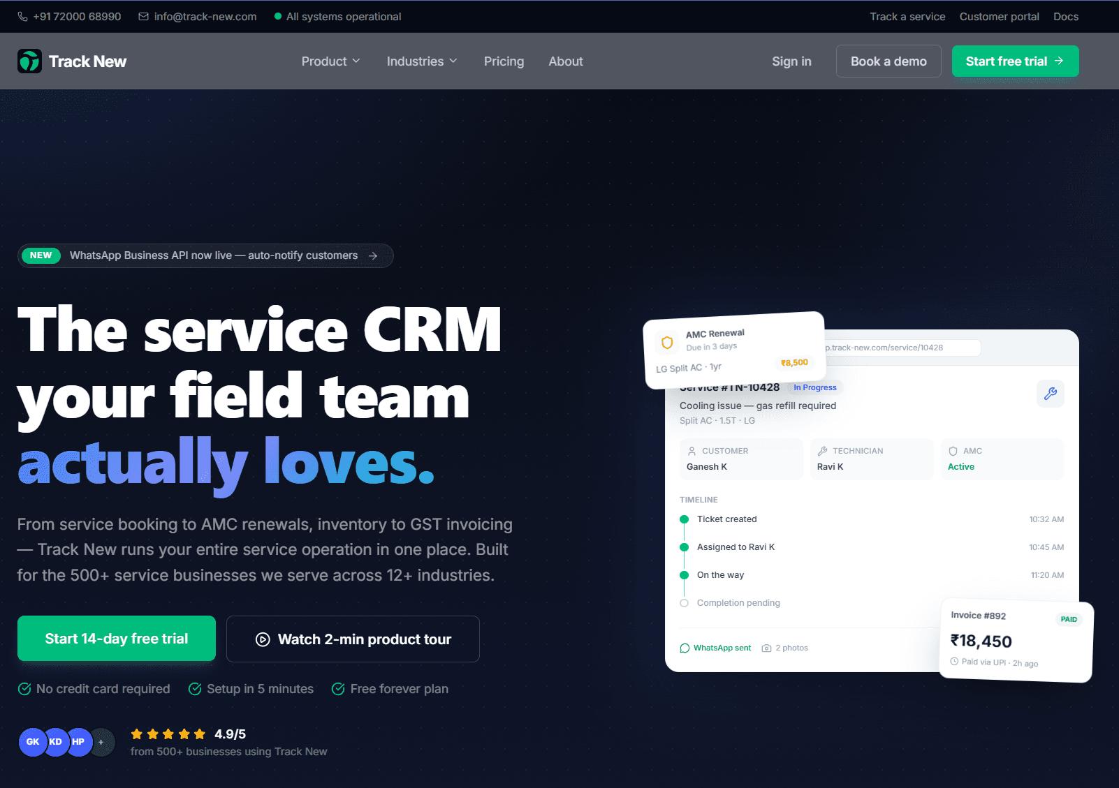 TrackNew — the service CRM for field teams, with a live service ticket timeline